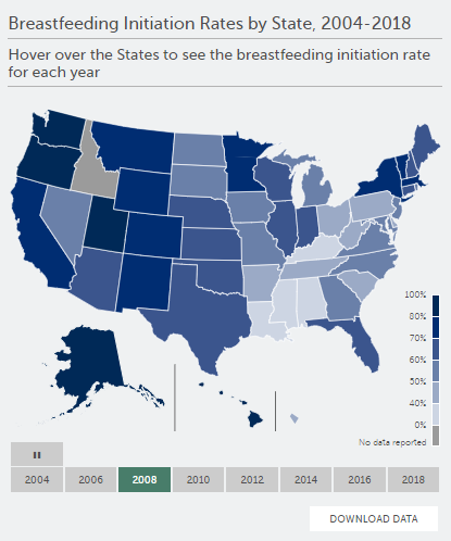 Breastfeeding Initiation by state, 2004–2018