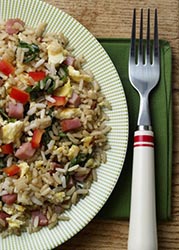 Stir-Fried Green Rice, Eggs, and Ham (Turkey Ham)