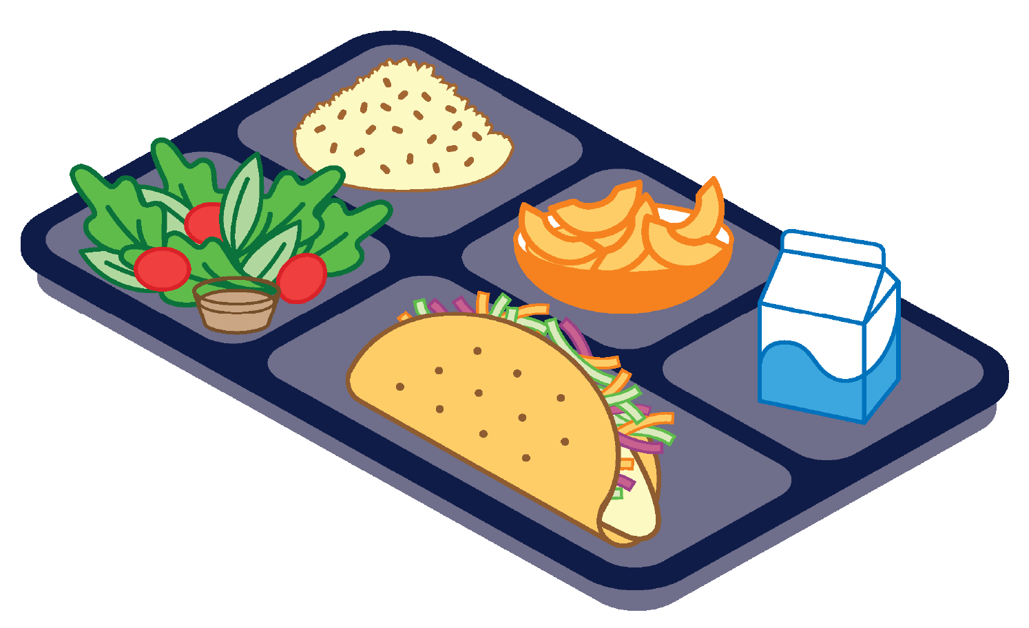 a typical school meal tray showing a taco, salad, rice, peaches, and milk.