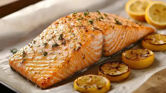 cooked salmon on a plate with lemon slices and green garnish