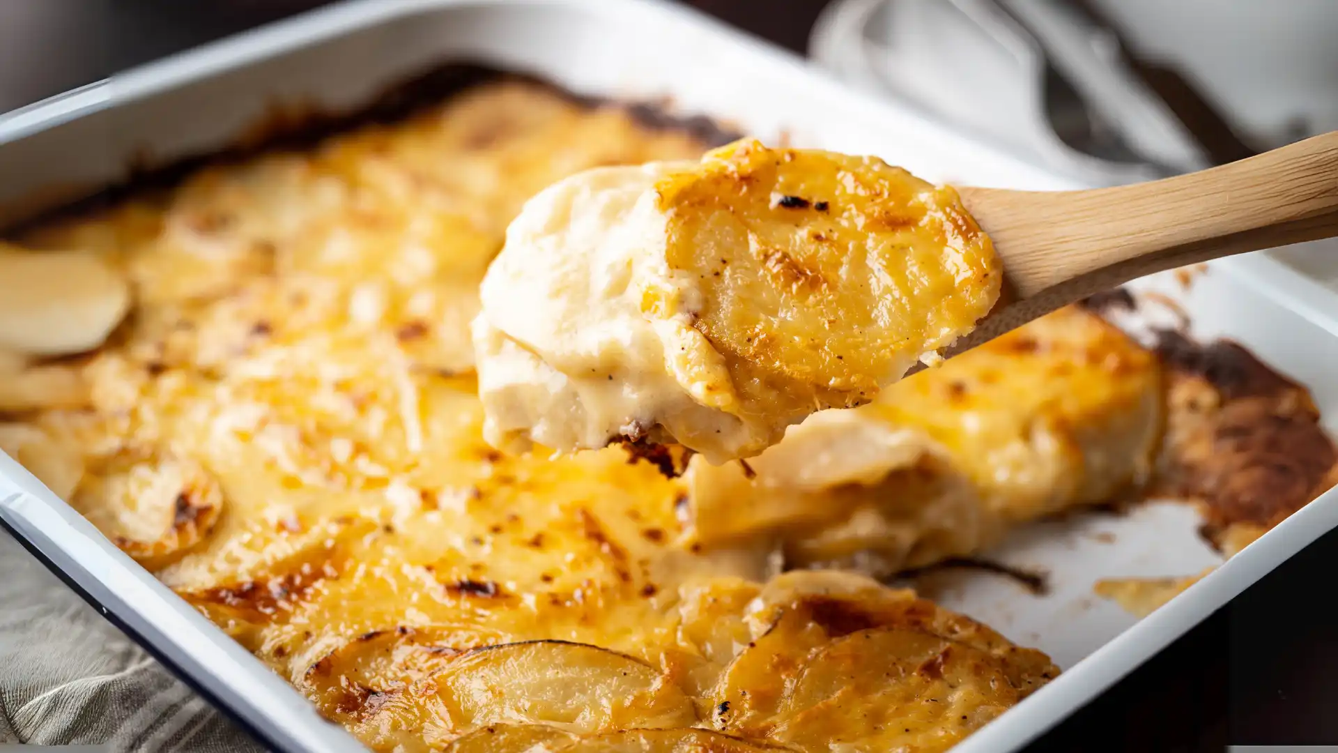 pan of au gratin potatoes being scooped