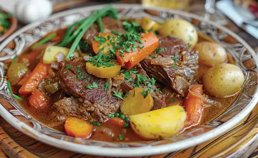 plate of beef and vegetable stew