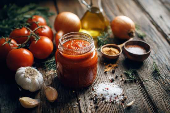 a small glass jar of ketchup surrounded by its main ingredients