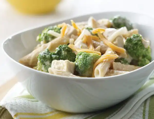 white bowl with chicken penne