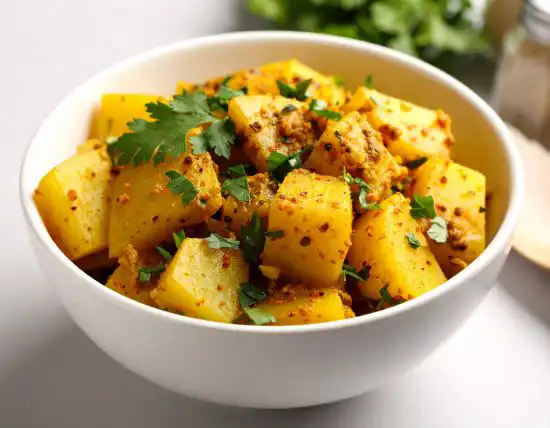 white bowl with curried potatoes