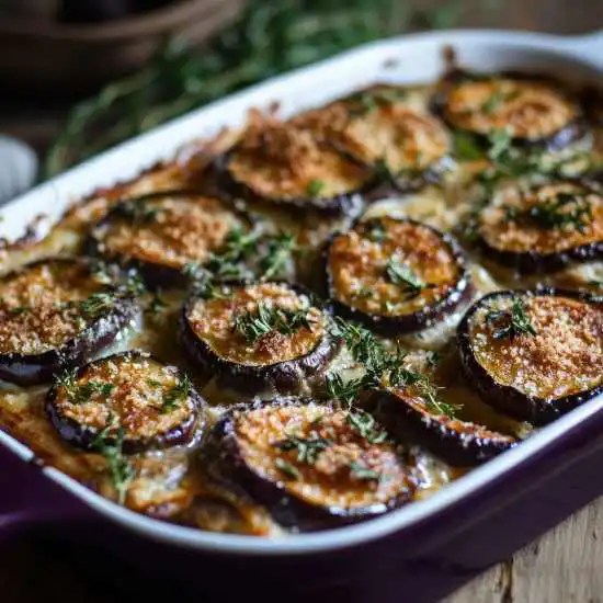 baking dish of sliced eggplant