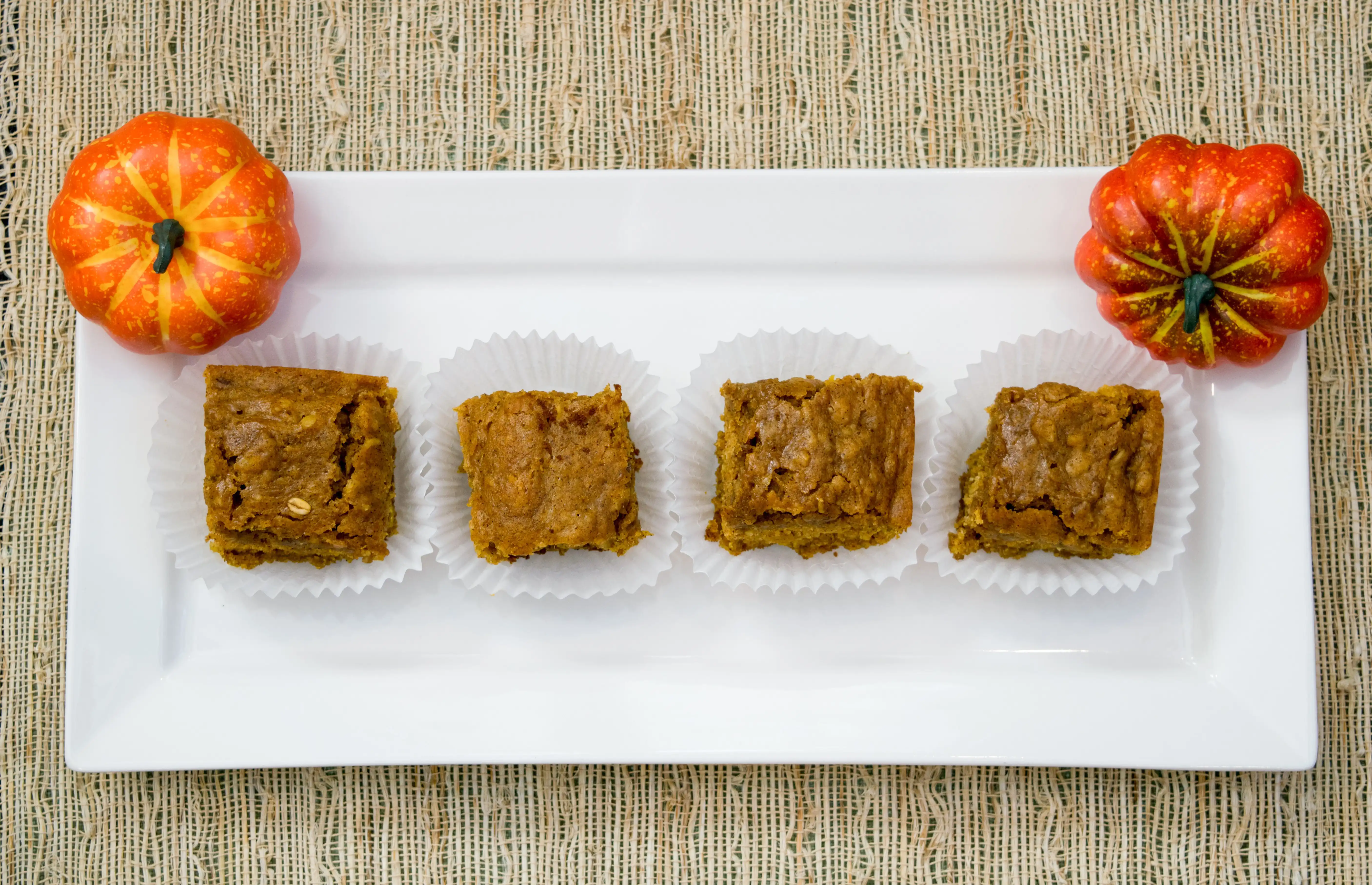 plate with pumpkin squares on it