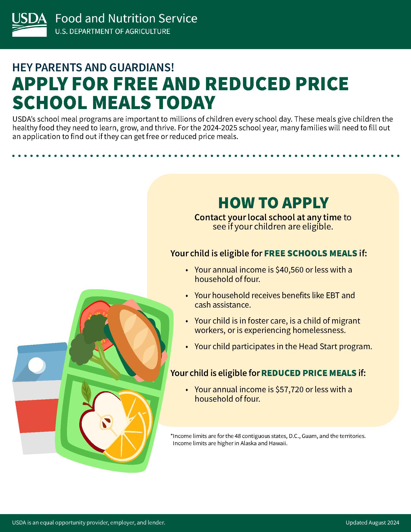 screenshot of flyer telling parents and guardians to apply for free and reduced price school meals