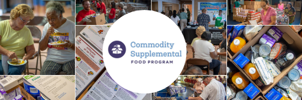 collage of images behind a white circle with the Commodity Supplemental Food Program name