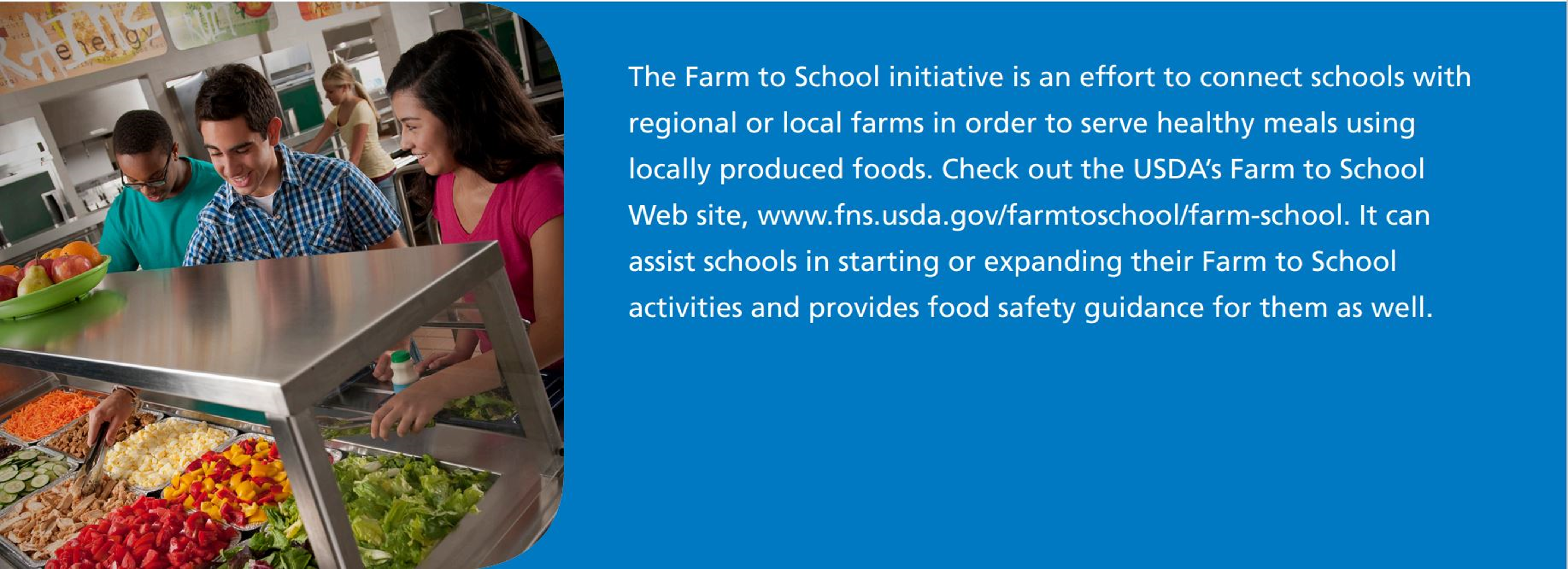 The Farm to School initiative is an effort to connect schools with  regional or local farms in order to serve healthy meals using  locally produced foods. Check out the USDA’s Farm to School  Web site, www.fns.usda.gov/farmtoschool/farm-school. It can  assist schools in starting or expanding their Farm to School  activities and provides food safety guidance for them as well.