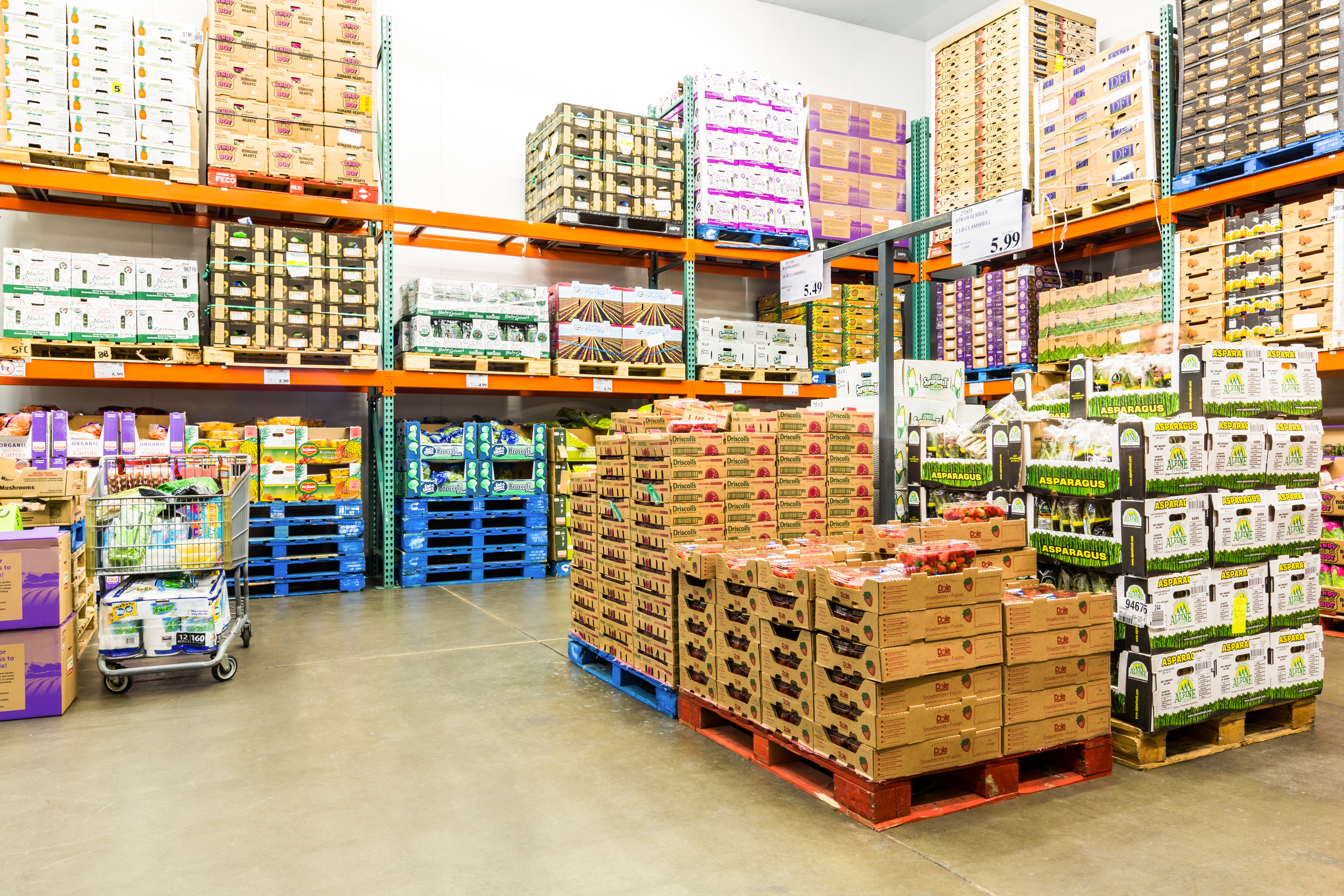 distribution center with boxes of fresh produce.