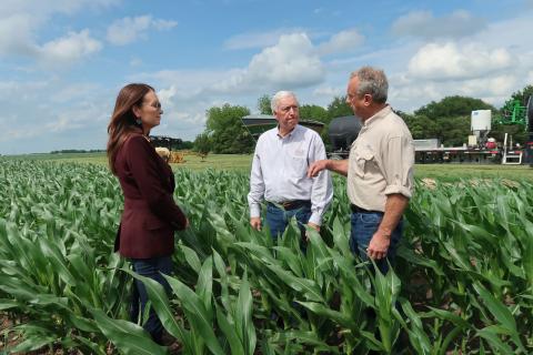 Secretary Rollins and Kennedy standing in a field with a farmer discussing his wheat crop.