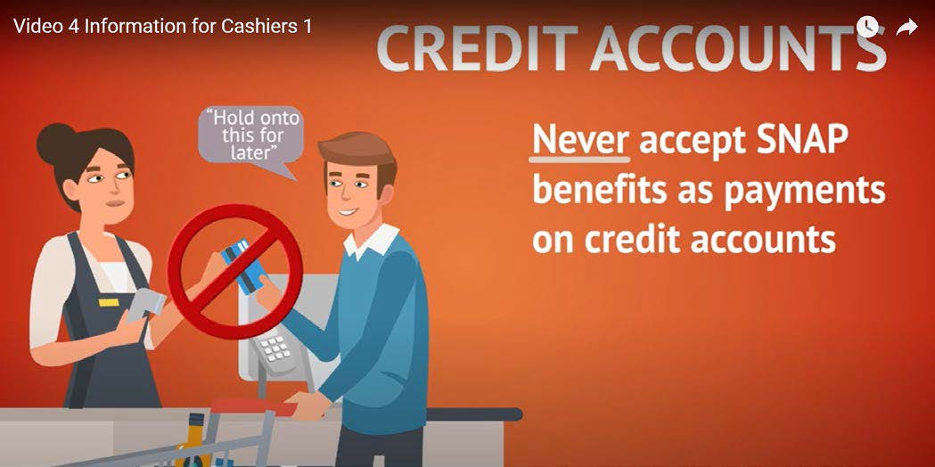 screenshot of a video clip that says to never accept snap benefits as payments on credit accounts