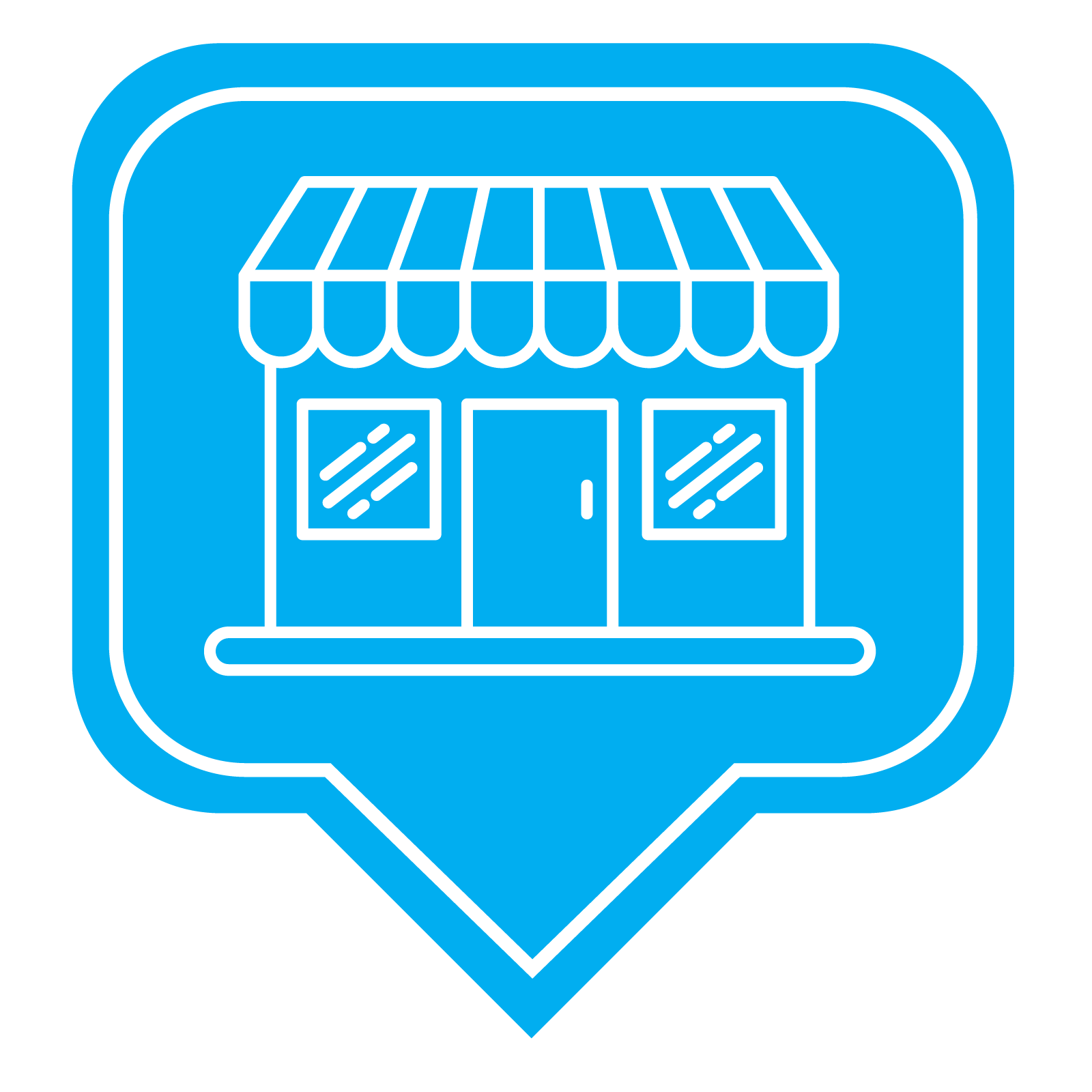 blue box with white outline of store in center