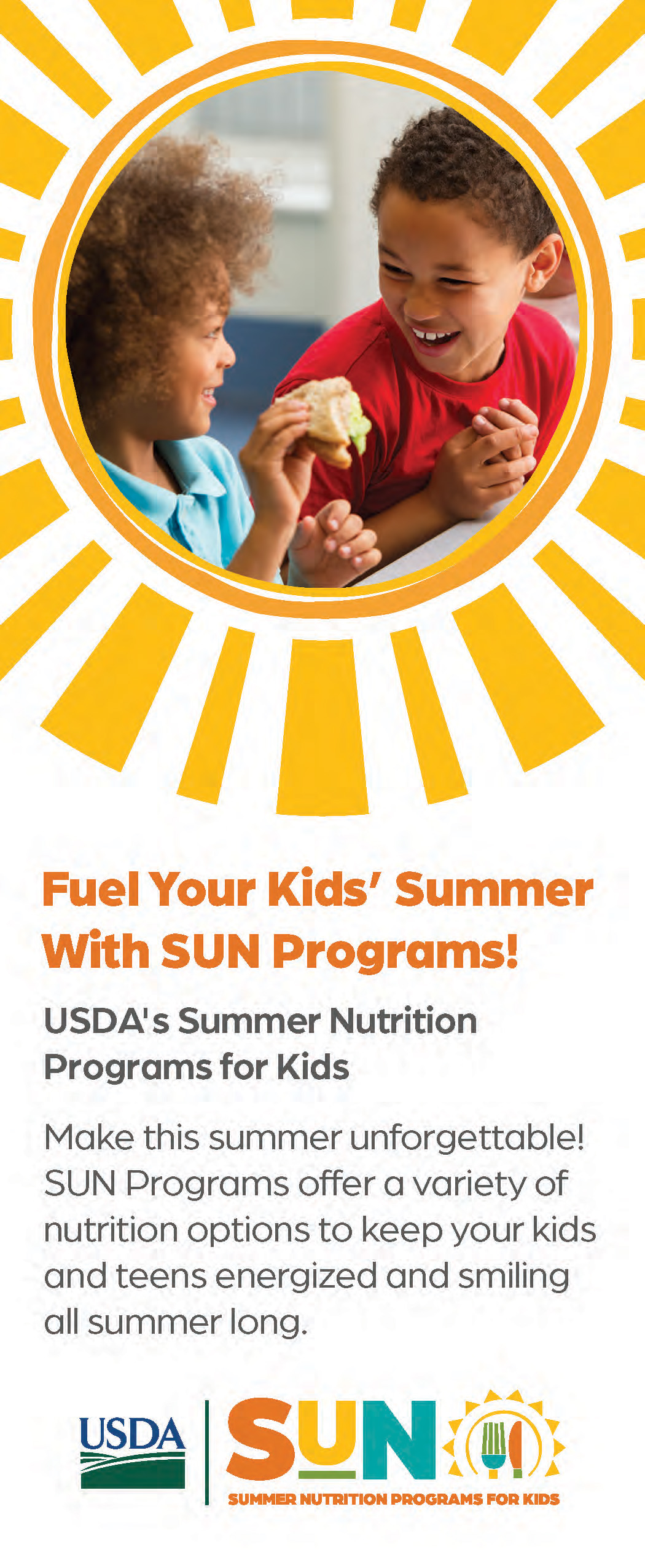 Thumbnail of rack card with main message "Fuel Your Kids' Summer with SUN Programs!"