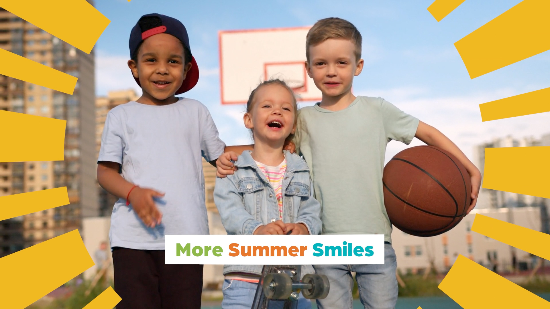 video thumbnail showing 3 kids holding a basketball surrounded by sunbeams