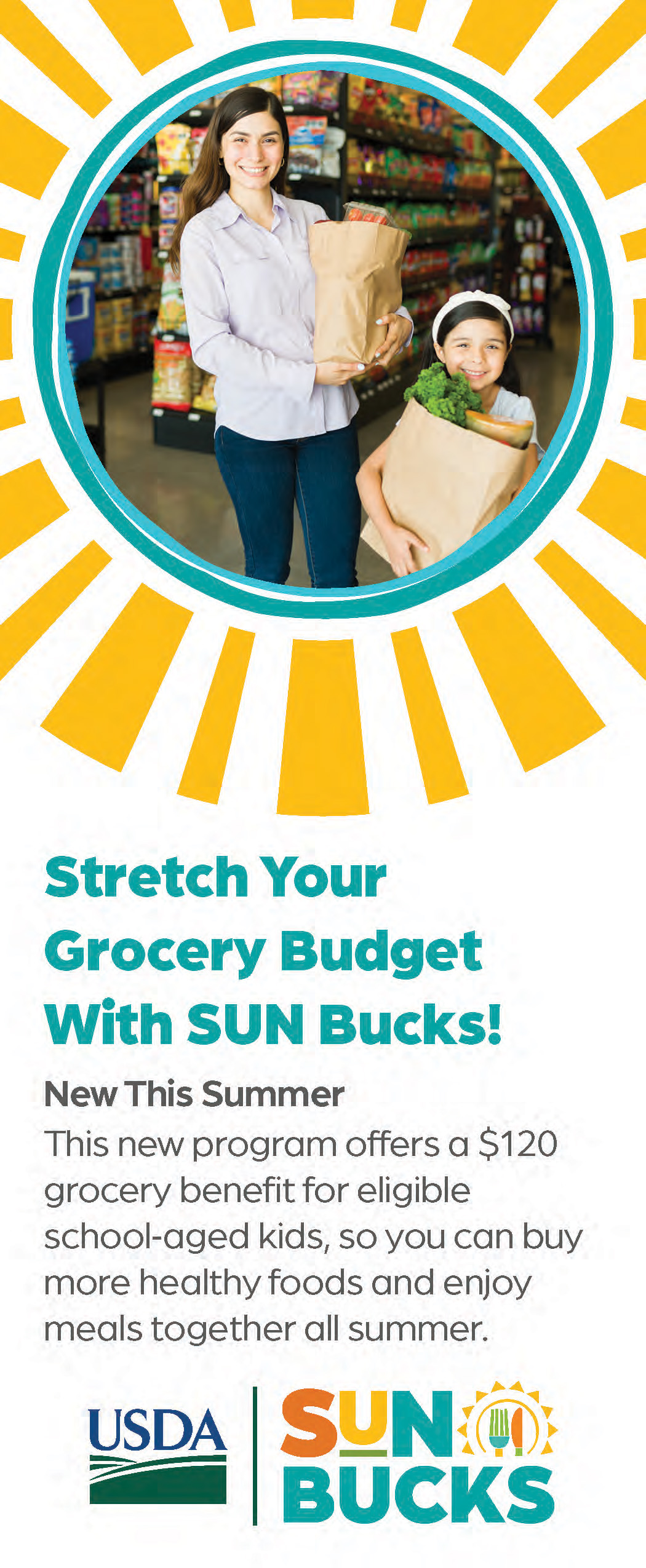 Thumbnail of rack card with main message "Stretch your grocery budget with SUN Bucks!"