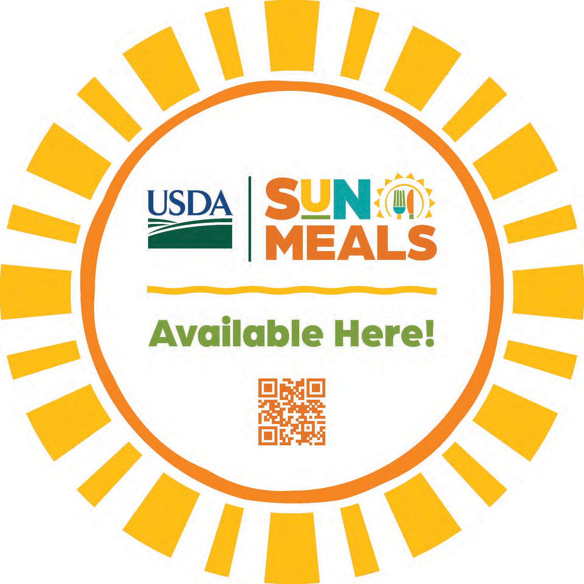 SUN Meals Available Here circular window cling with qr code