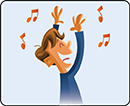 blue square with a cartoon boy singing surrounded by music notes