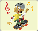 light yellow square with cartoon person skateboarding surrounded by animated music notes