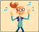 light orange square with cartoon girl dancing surrounded by music notes