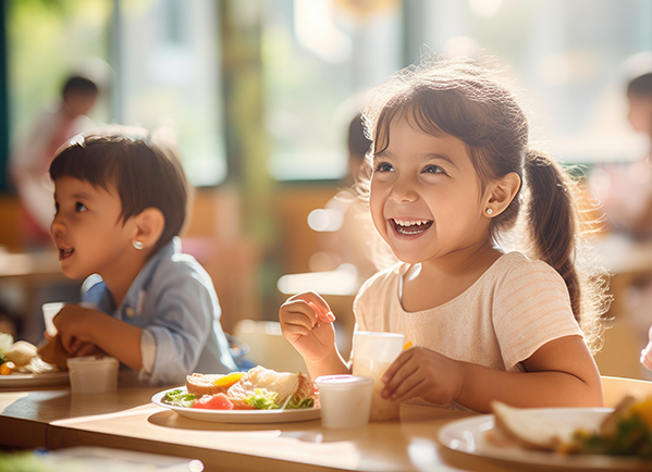 smiling girl in cafeteria eating school lunch