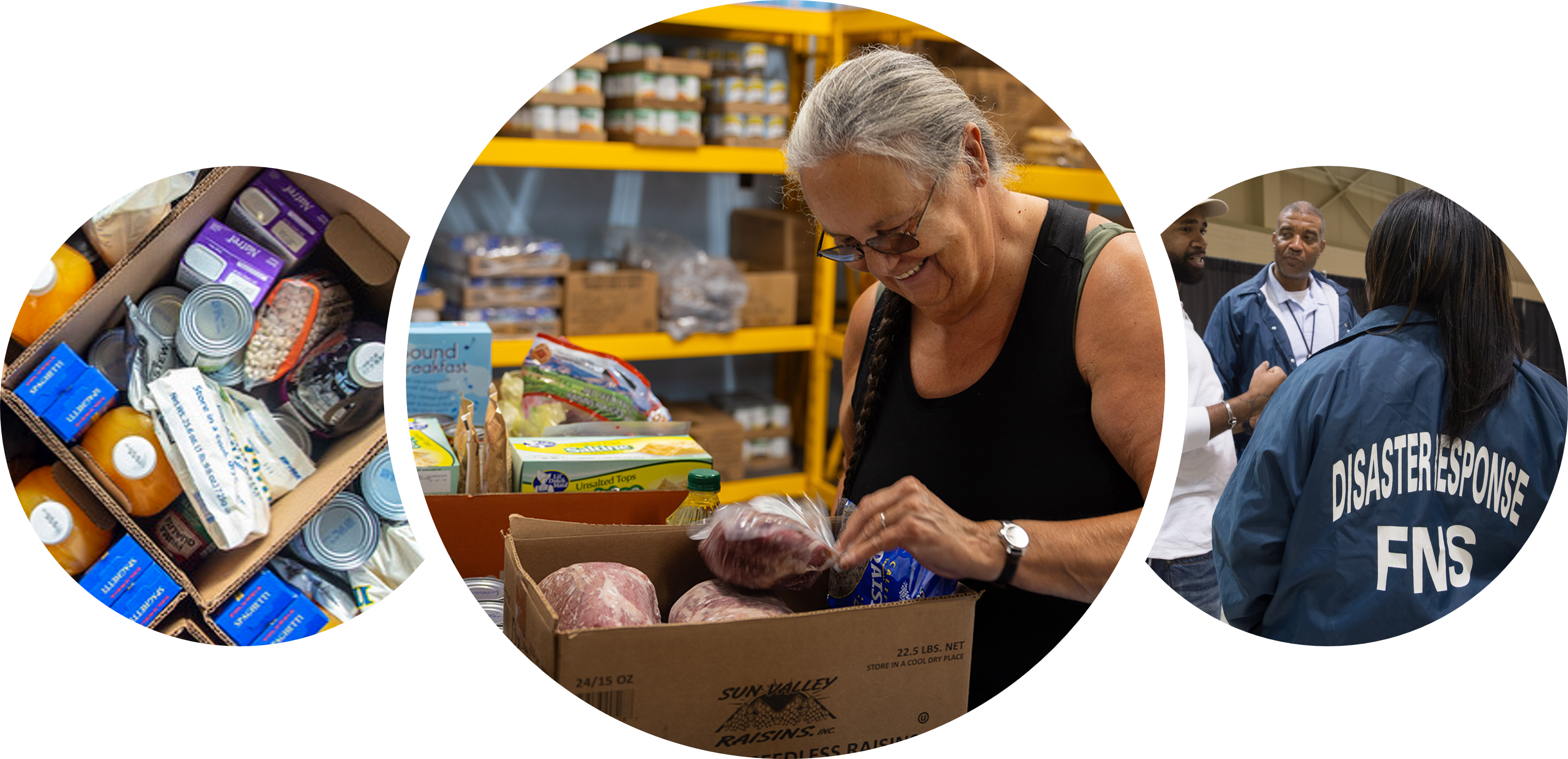three circles with images of boxed foods and a disaster response team