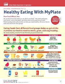 Healthy Eating with MyPlate handout showing foods from each food group
