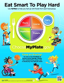 Eat Smart to Play Hard Mini Poster Showing MyPlate Icon and Physically Active Kids