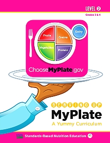 Cover of Serving Up MyPlate Level 2: Illustration of a hand holding a tray with the MyPlate icon
