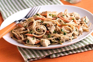 white plate with noodles, chicken and other ingredients
