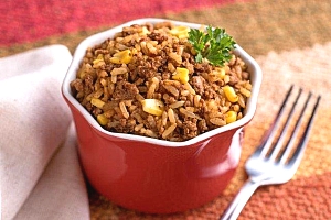 A bowl with ground turkey and beef and Spanish rice
