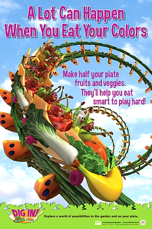 illustration of a roller coaster made of fruits and vegetables