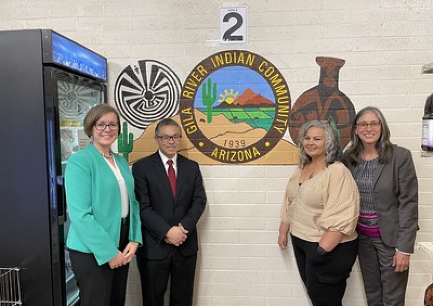 L-R: USDA Office of Tribal Relations Acting Director Betsy Rakola, USDA Acting Deputy Under Secretary for Food, Nutrition, and Consumer Services John Walk, Gila River FDPIR Program Director Mary Dixon, and USDA Food and Nutrition Service Senior Technical Advisor Barbara Lopez at the Gila River Indian Community Food Distribution Center in Sacaton, Ariz. on April 7, 2025. 