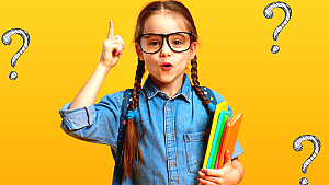 Girl with glasses holding books and floating question marks in background