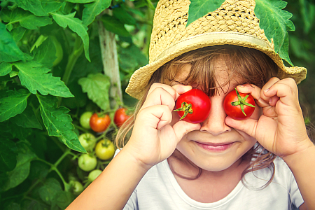 child holding tomatoes to their eyes 