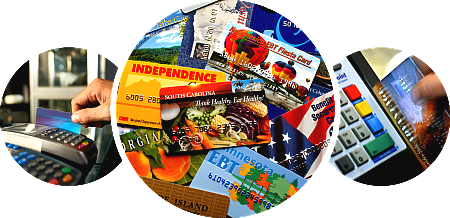 three circles with images of card swiping machines and snap ebt cards
