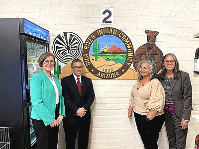 L-R: USDA Office of Tribal Relations Acting Director Betsy Rakola, USDA Acting Deputy Under Secretary for Food, Nutrition, and Consumer Services John Walk, Gila River FDPIR Program Director Mary Dixon, and USDA Food and Nutrition Service Senior Technical Advisor Barbara Lopez at the Gila River Indian Community Food Distribution Center in Sacaton, Ariz. on April 7, 2025. 