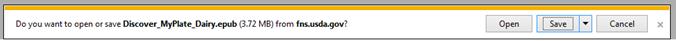 Do you want to open or save Discover MyPlate Dairy.epub from fns.usda.gov?